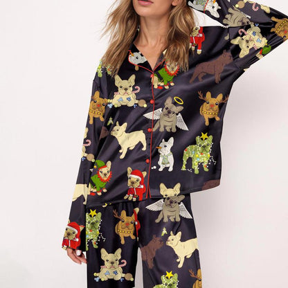 Christmas French Bulldog Satin Pajama Set For Women Long