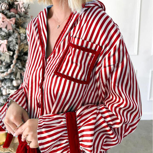 Womens Striped Pajama Set Long Sleeve