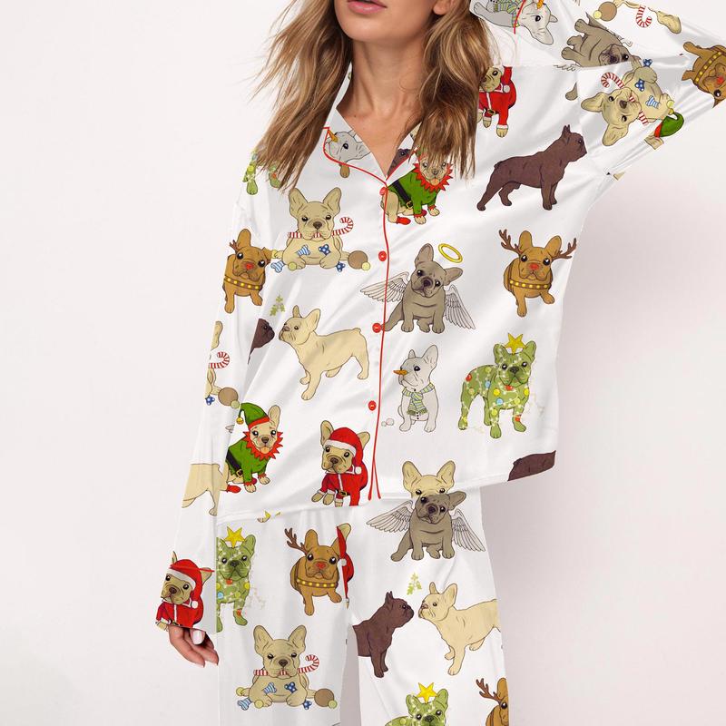 Christmas French Bulldog Satin Pajama Set For Women Short