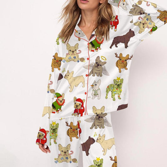 Christmas French Bulldog Satin Pajama Set For Women Long